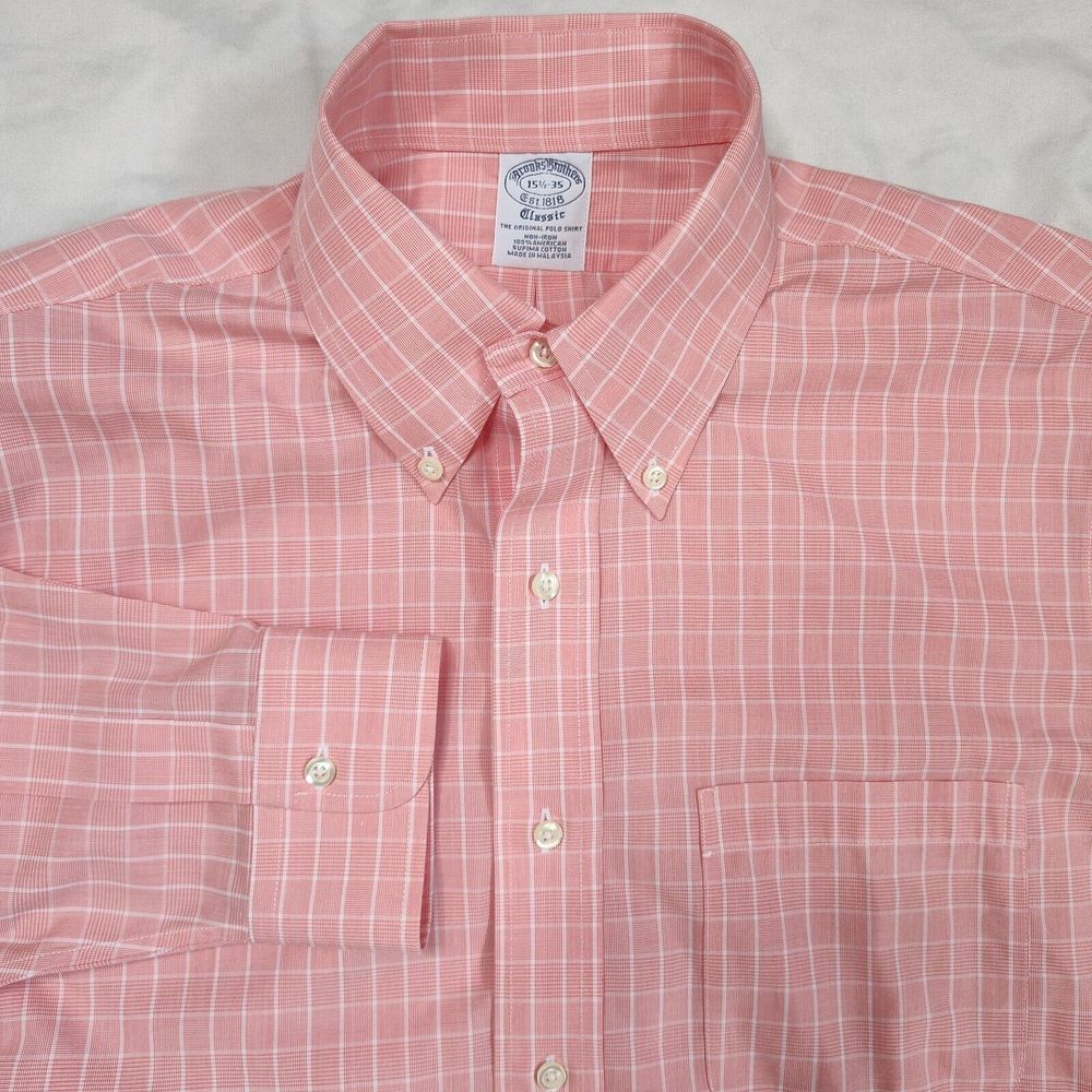 Brooks Brothers Size 15.5-35‎ M Classic Pink Long Sleeve Button Up Checkered